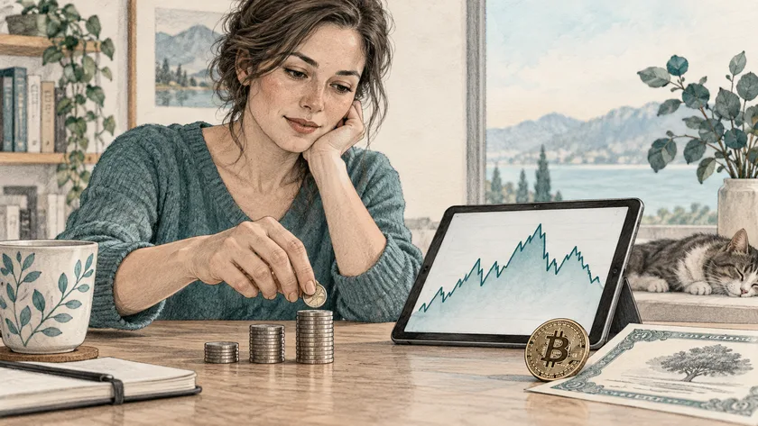 A woman adds a coin to a stack beside a tablet with a fluctuating chart and a Bitcoin token.
