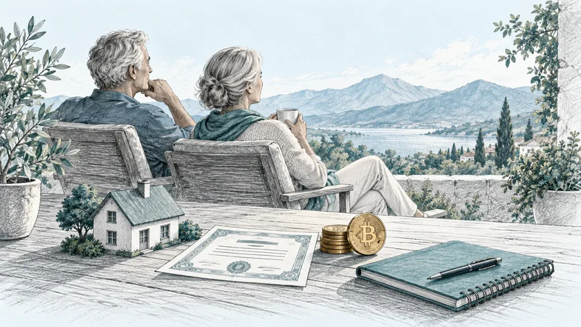 A couple on a terrace overlooking mountains, with a model house, a security certificate, and coins including bitcoin on a table.